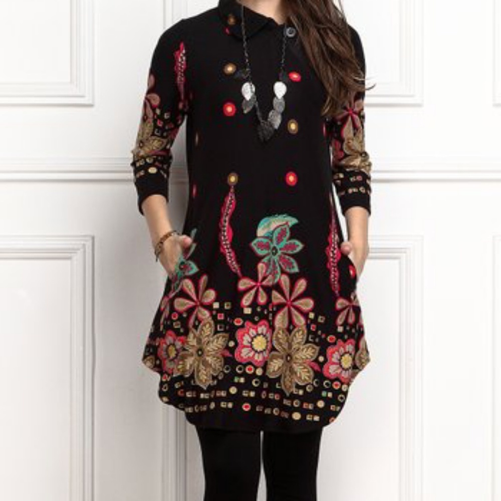 Black Floral shawl collar tunic dress with pockets